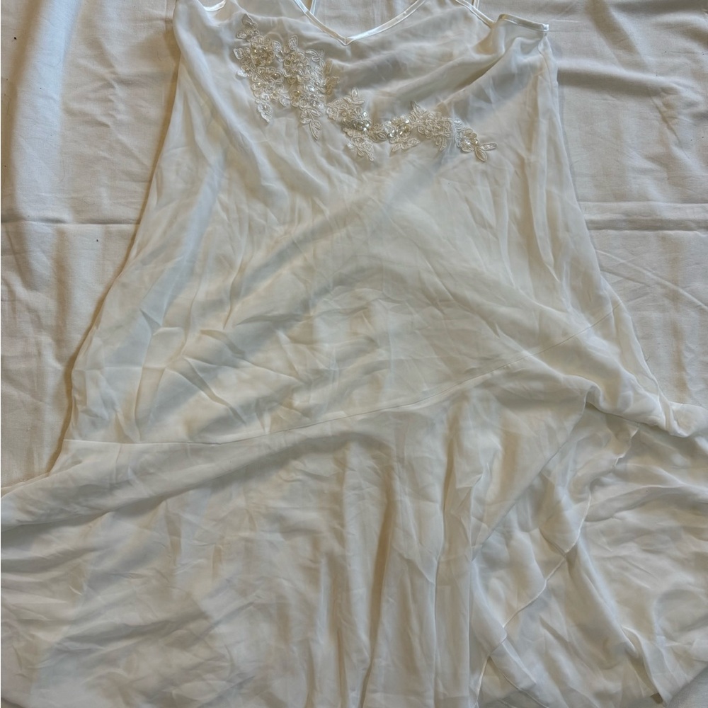 Linea Donatella Ivory Sheer Nightgown Slip Dress Beaded Floral Lace Lingerie L